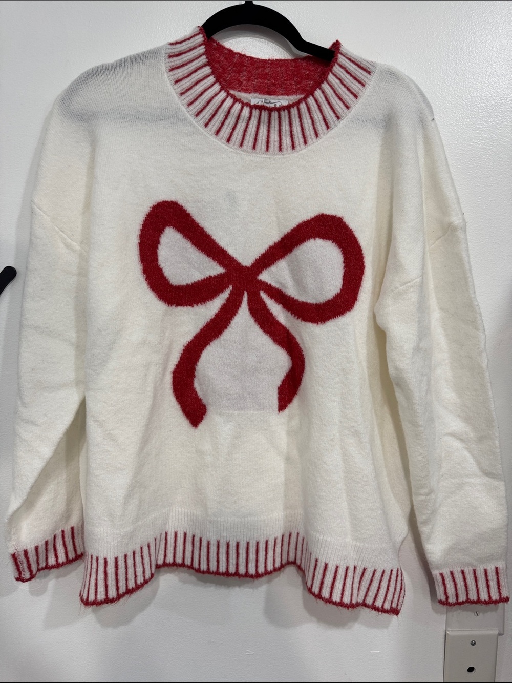 Mud Pie White Sweater with Red Bow Accent
